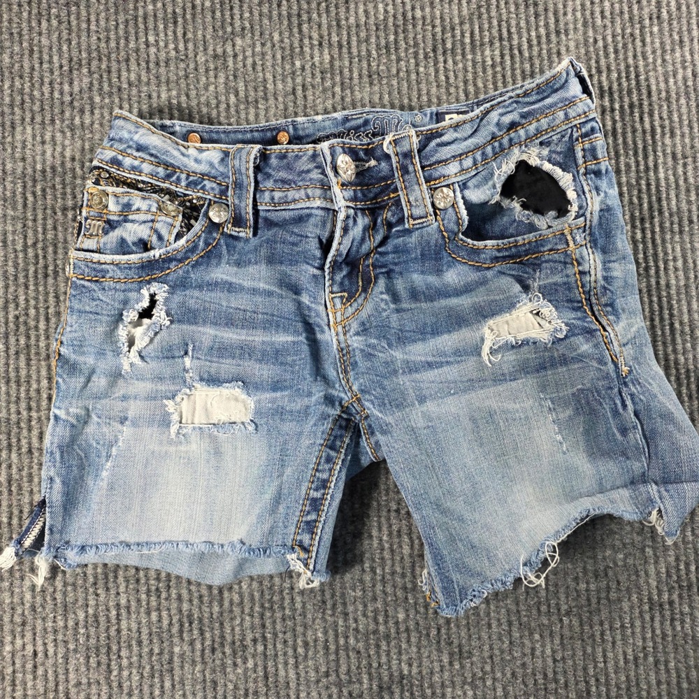 Miss Me Signature Skinny Distressed Embellished Denim Shorts‎ Blue Womens 26